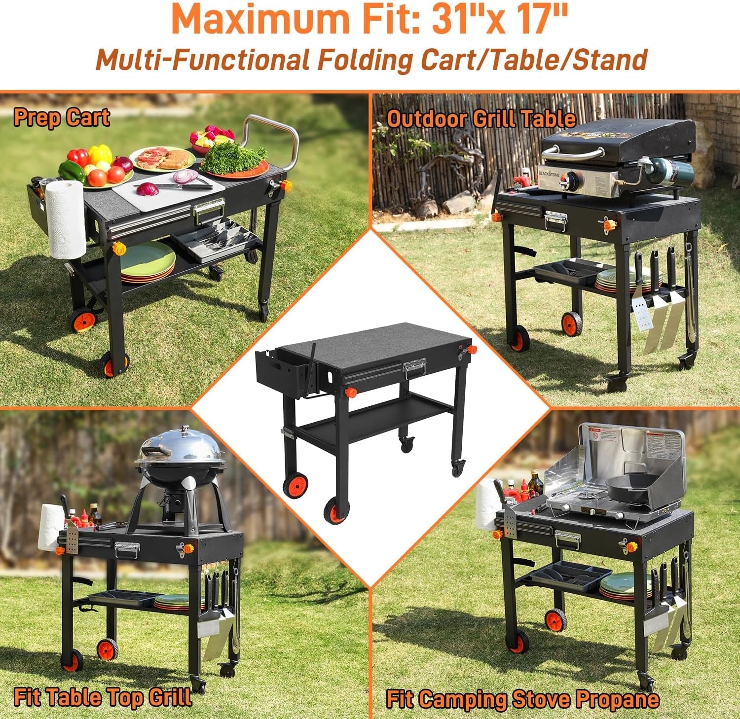 Outdoor Portable Grill Table Stand - Folding Prep Stand for 17 or 22 Blackstone Griddle. Large Space Blackstone Table with Wheels. Pizza Oven Cart for Ninja. Patio Grilling Backyard BBQ Grill Cart. - Image 4