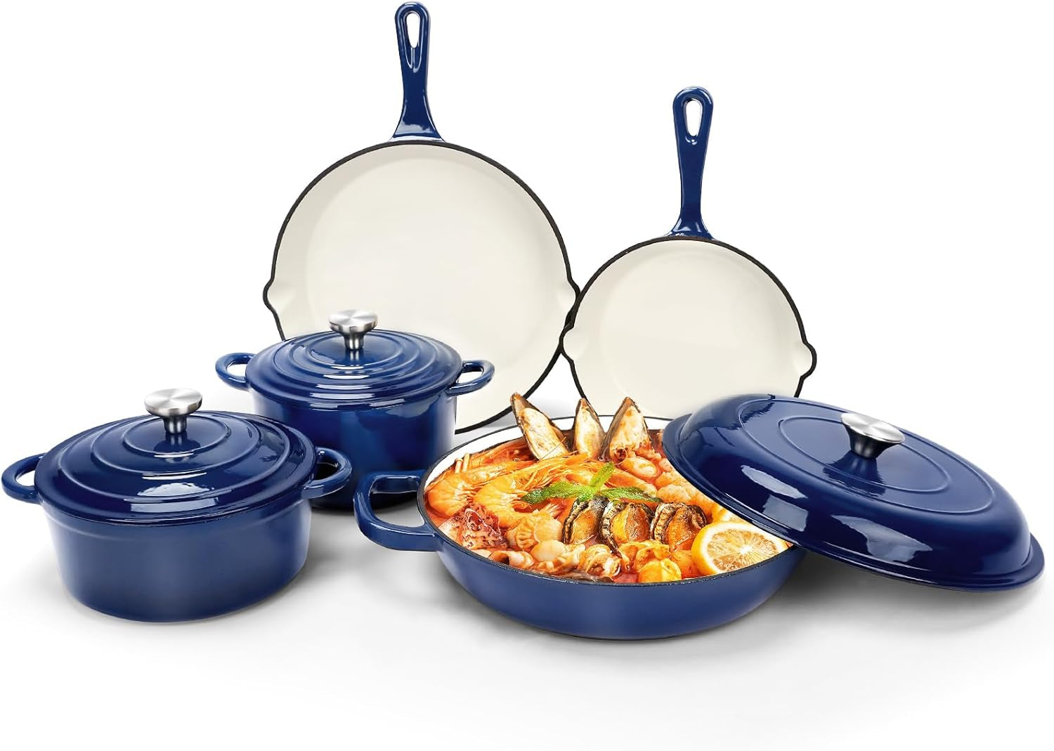 Nonstick Enameled Cast Iron Cookware Set. 8-Pcs Pots and Pans with Lid. Frying Pan Skillet. Sauce Pan. Healthy round Dutch Oven Pot for Sourdough Bread Baking on All Stovetop. Come with Organizer.Navy - Image 7