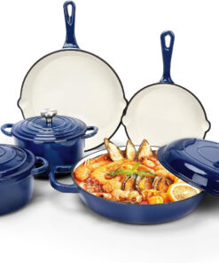 Nonstick Enameled Cast Iron Cookware Set. 8-Pcs Pots and Pans with Lid. Frying Pan Skillet. Sauce Pan. Healthy round Dutch Oven Pot for Sourdough Bread Baking on All Stovetop. Come with Organizer.Navy