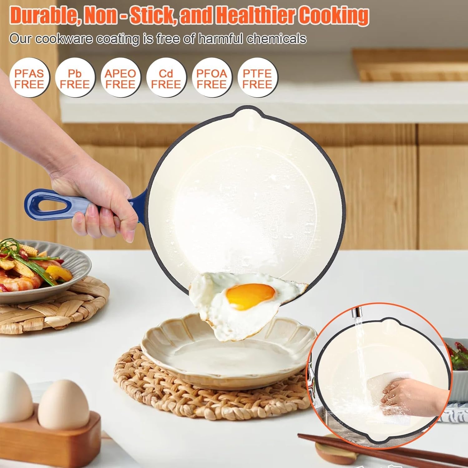 Nonstick Enameled Cast Iron Cookware Set. 8-Pcs Pots and Pans with Lid. Frying Pan Skillet. Sauce Pan. Healthy round Dutch Oven Pot for Sourdough Bread Baking on All Stovetop. Come with Organizer.Navy - Image 5