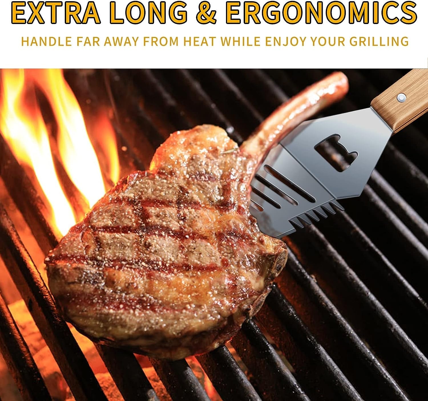 Qinshaine 4-In-1 BBQ Spatula. Multifunction Grill Spatula with Wooden Handle. Perfect for BBQ Grills and Kebabs for Camping Picnics - Image 5