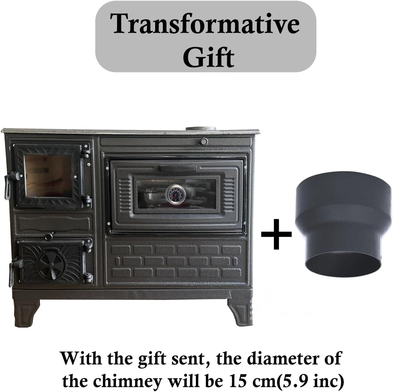 Cast Iron Stove with Oven. Durable Cast Baking Oven. Cooker Oven by Burning Wood. Warming Heater Stove. Oven Section with Thermometer. Brick Lined Fireplace Made in Turkiye (Black-With-Window) - Image 3