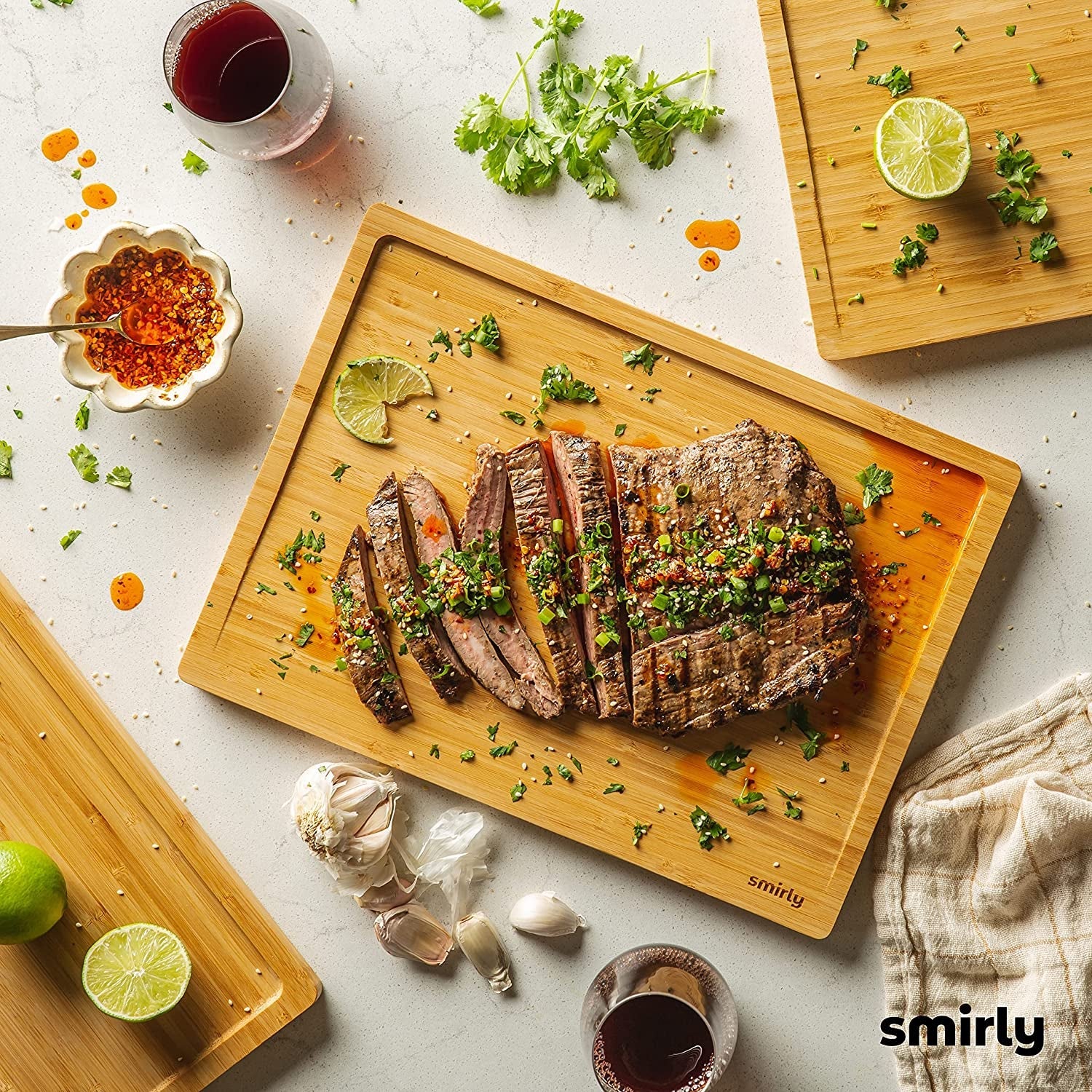 SMIRLY Bamboo Cutting Board Set with Holder – Wooden Charcuterie & Chopping Boards for Kitchen Prep & Serving - Image 5