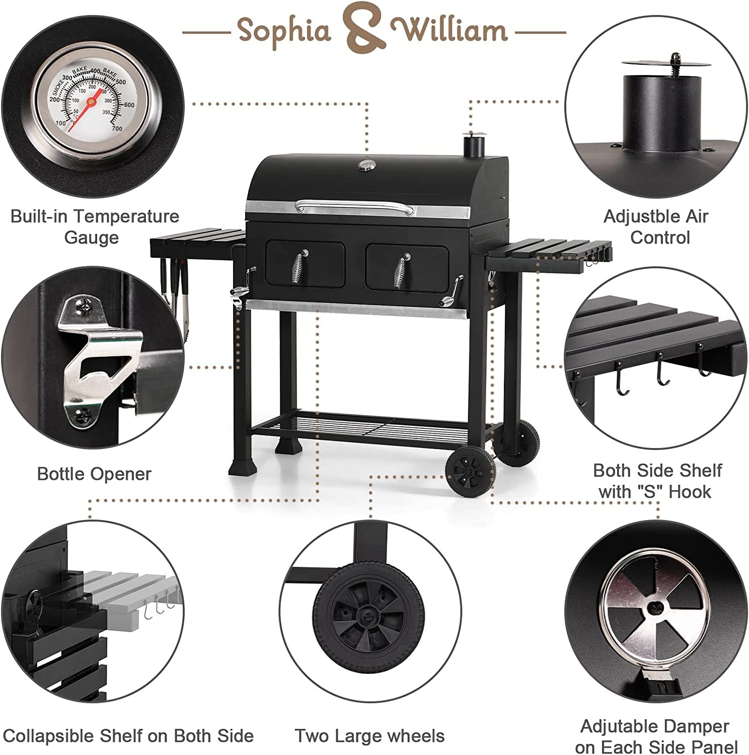 Sophia & William Heavy-Duty Charcoal BBQ Grills Extra Large Outdoor Barbecue Grill with 794 SQ.IN. Cooking Area. Dual-Zone Individual & Adjustable Charcoal Tray and Foldable Side Table. Black - Image 5