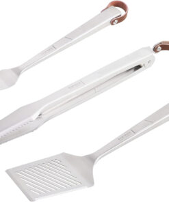 Everdure BBQ Tool Kit - 3 Pack. Brushed Stainless Steel Tongs. Spatula and Fork with Soft Grip Handles and Leather Straps. Barbeque Grill Accessories and Cooking Utensils Set