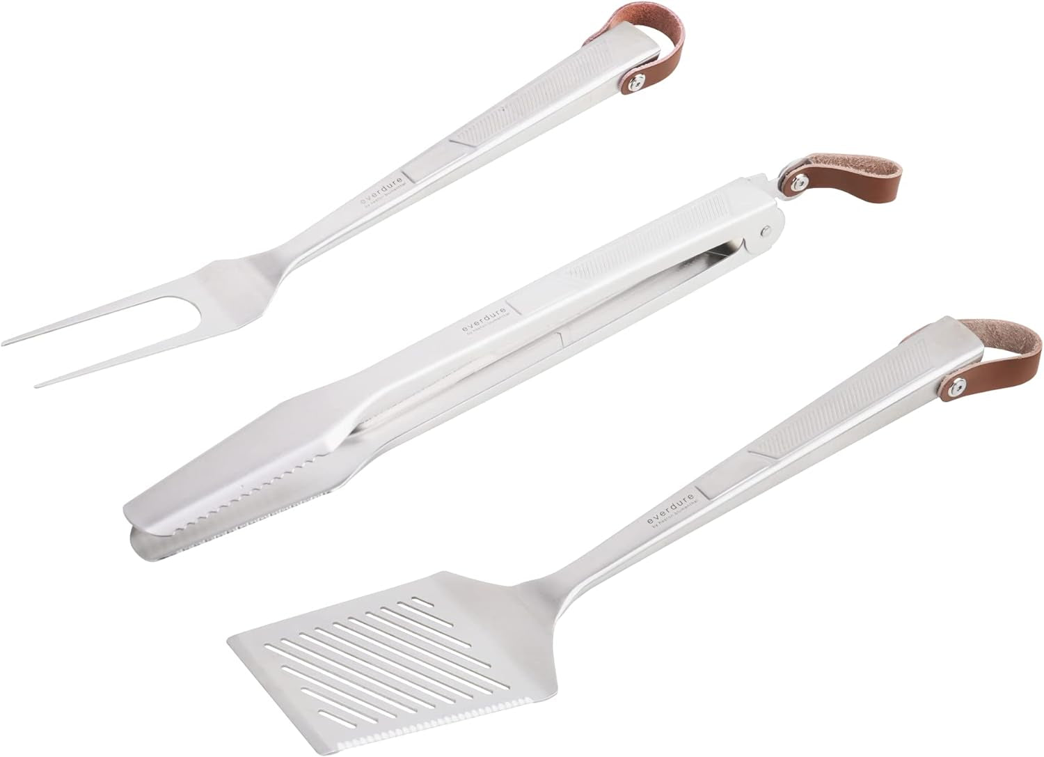 Everdure BBQ Tool Kit - 3 Pack. Brushed Stainless Steel Tongs. Spatula and Fork with Soft Grip Handles and Leather Straps. Barbeque Grill Accessories and Cooking Utensils Set - Image 11