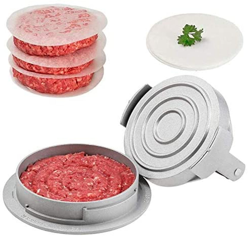 OVOS Burger Press Adjustable Thickness 3 in 1 Hamburger Patty Maker Aluminum Non Stick Patty Making Mold with 100 Wax Papers for Burgers and Meat Patties