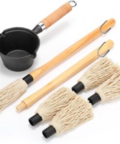 6 Pieces Iron Basting Pot and Brush for Grilling Barbecue Accessories 18 Inches Grill Basting Brush Wooden Long Handle BBQ Mop Brush for Sauce with Extra Replacement Heads and Saucepan for Grilling