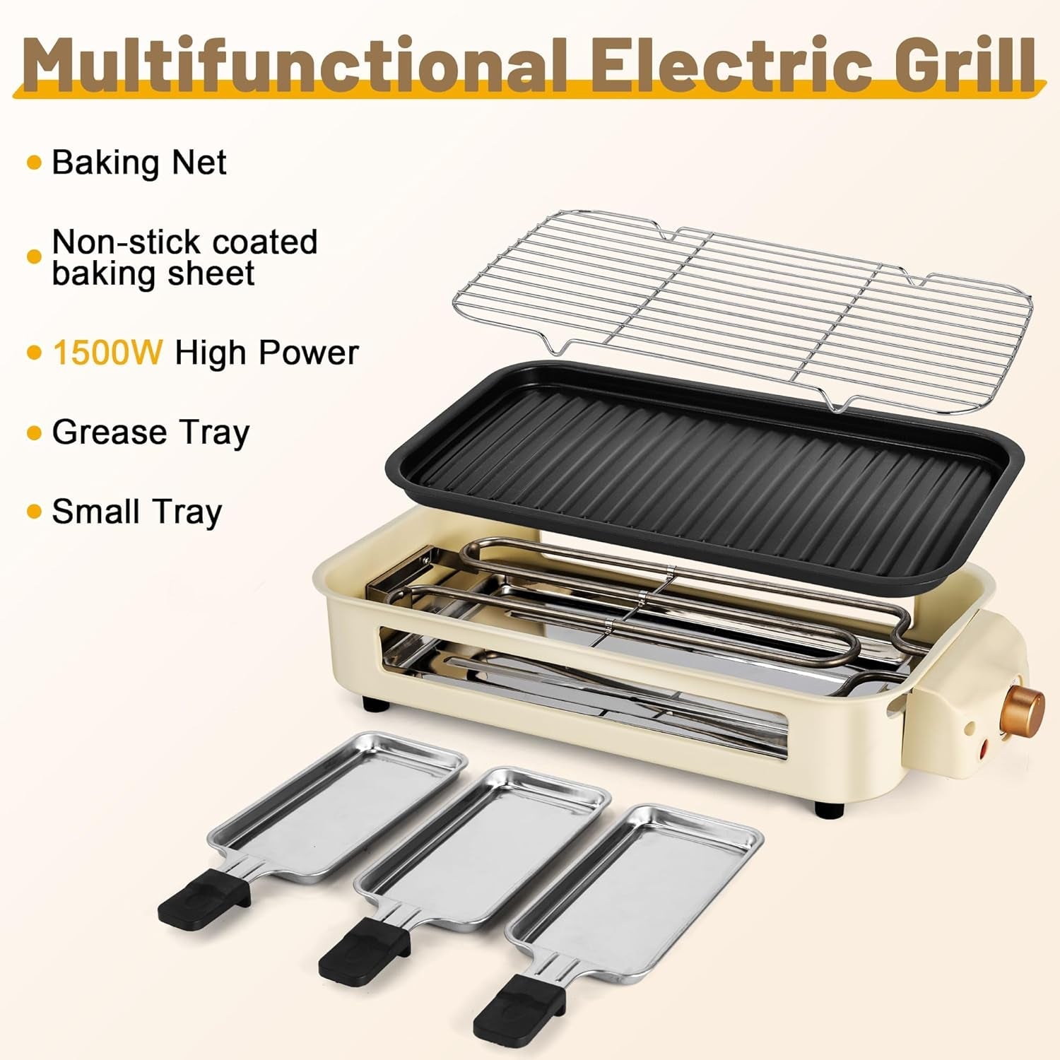 Pukomc Electric Indoor Grill.2 in 1 Indoor Grills for Kitchen with Grill Net & Non-Stick Cooking Removable Plate. Temperature Control. Dishwasher Safe. 1500W Smokeless Barbecue - Image 6