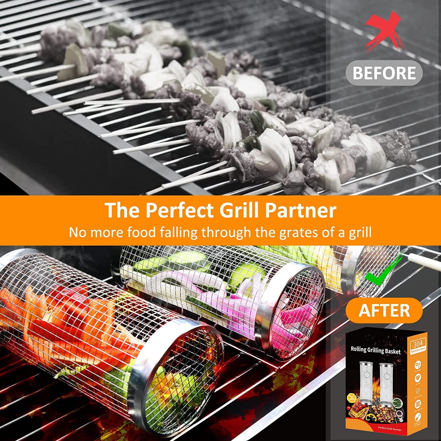 Grill Basket 2 PCS. BBQ Grill Basket. Rolling Grilling Basket. Stainless Steel Grill Mesh Barbeque Grill Accessories. Portable Grill Baskets for Outdoor Grill for Fish. Shrimp. Meat. Vegetables. Fries - Image 2