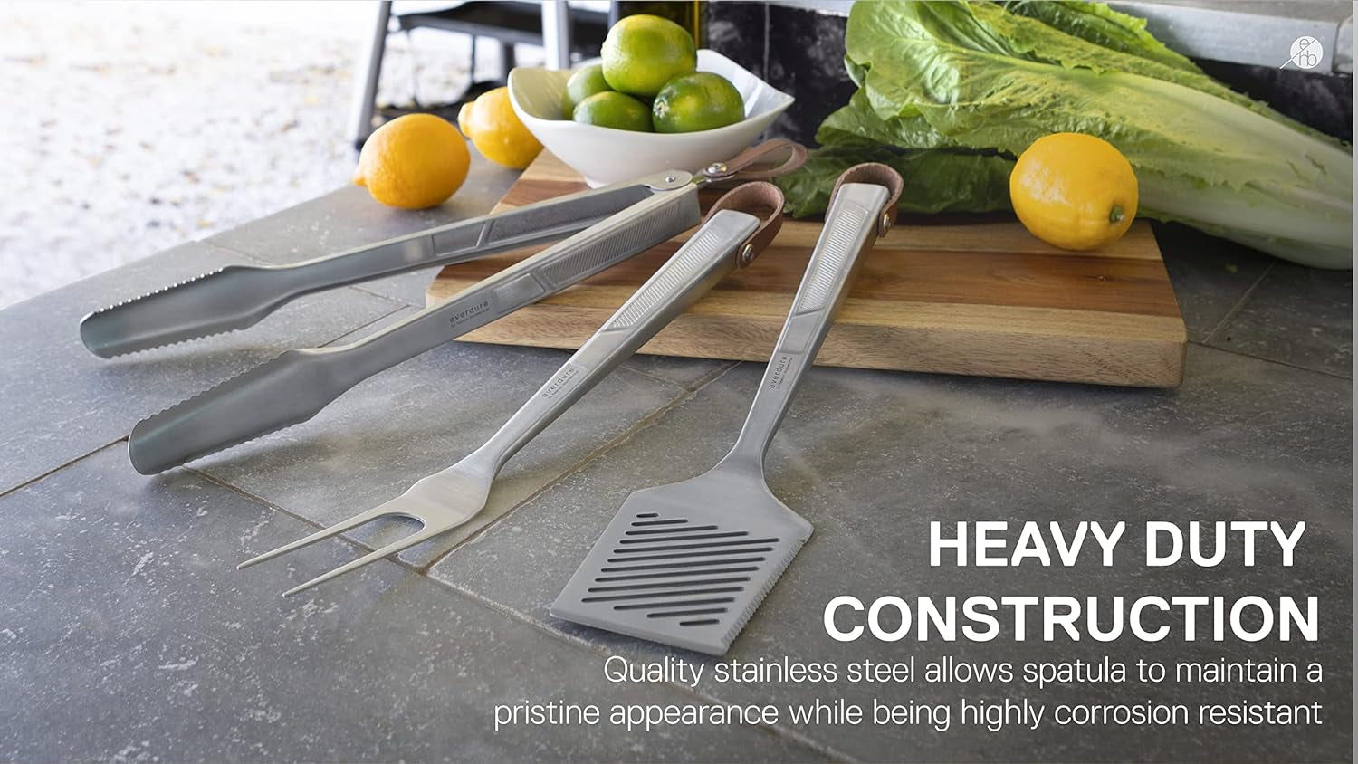 Everdure BBQ Tool Kit - 3 Pack. Brushed Stainless Steel Tongs. Spatula and Fork with Soft Grip Handles and Leather Straps. Barbeque Grill Accessories and Cooking Utensils Set - Image 2