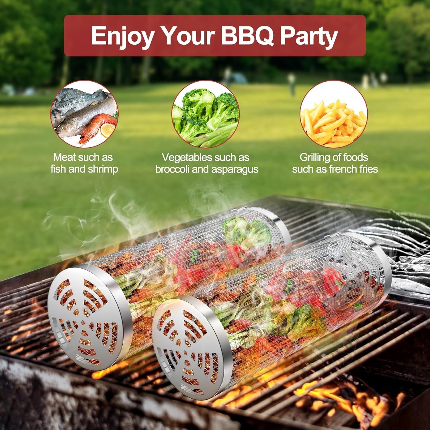 Grill Basket 2 PCS. Rolling Grill Baskets for Outdoor Grill. Grilling Accessories. Stainless Steel BBQ Net Tube Baskets with Oil Sprayer for Veggies. Shrimp. Grilling Gifts for Men - Image 4