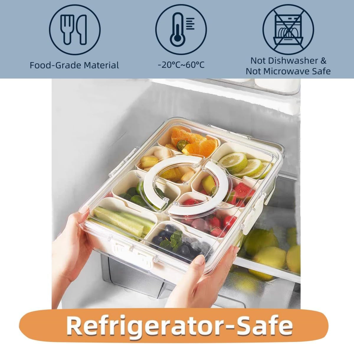 Divided Serving Tray with Lid and Handle.8 Compartments Snacks Box.Snack Fruit and Veggie Tray.Portable Platter for Candy Fruits Nuts Snack Party Entertaining Picnic (1 PCS) - Image 3