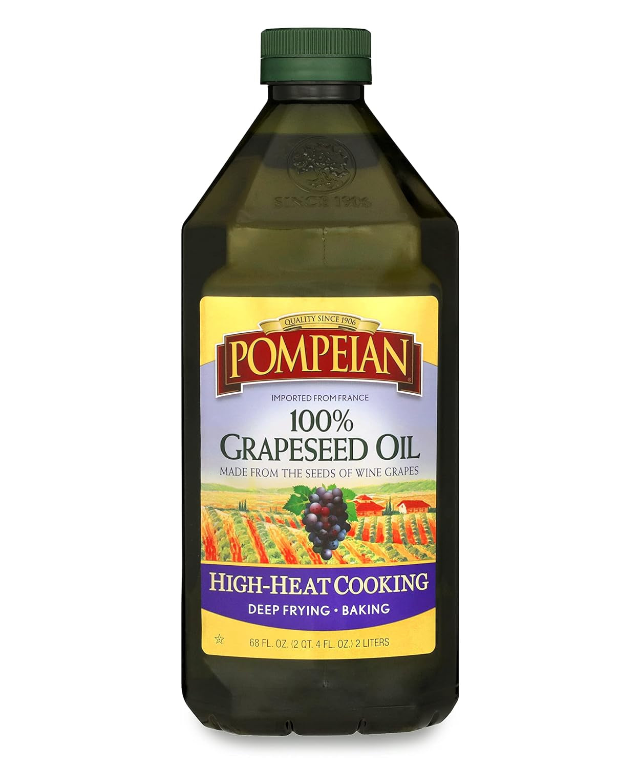 Pompeian 100% Grapeseed Oil. Light and Subtle Flavor. Perfect for High-Heat Cooking. Deep Frying and Baking. 68 FL. OZ.