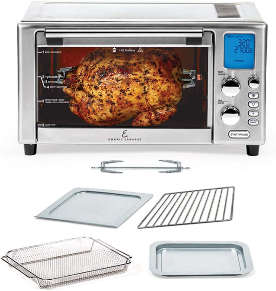Emeril Lagasse Everyday 360 Stainless Steel Air Fryer. 360° Quick Cook Technology. XL Capacity. 9-In-1. 12 Pre-Set Cooking Functions Including Bake. Rotisserie. Broil. Pizza. Slow Cook. Toaster