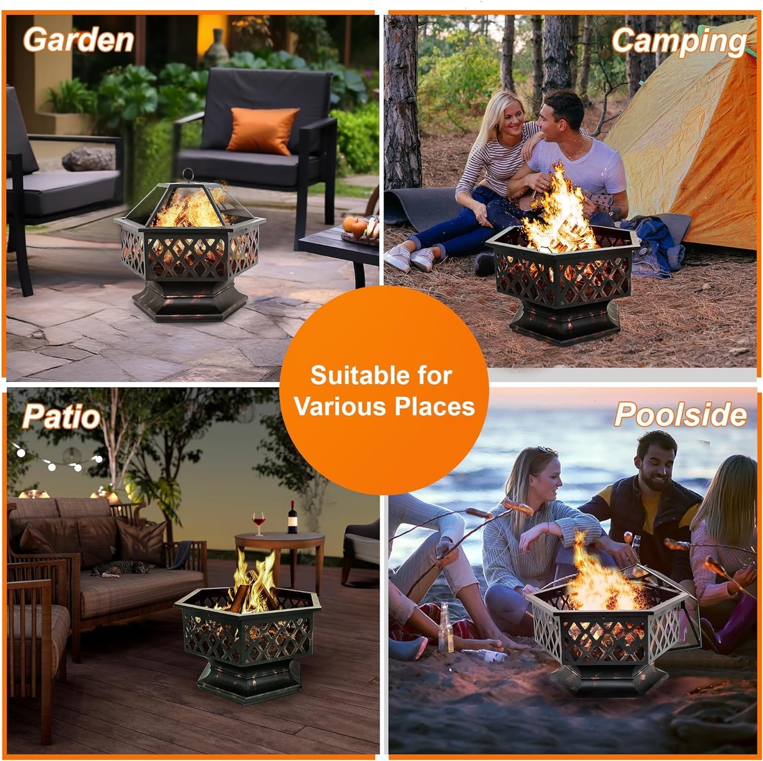 F2C Hex-Shaped Fire Pit with Fire Picker for Garden 24 Inch Wood Burning Bonfire Firebowl Outdoor Portable Steel Firepit with Flame-Retardant Mesh Lid for Patio Backyard Garden Beach Camping Picnic - Image 6
