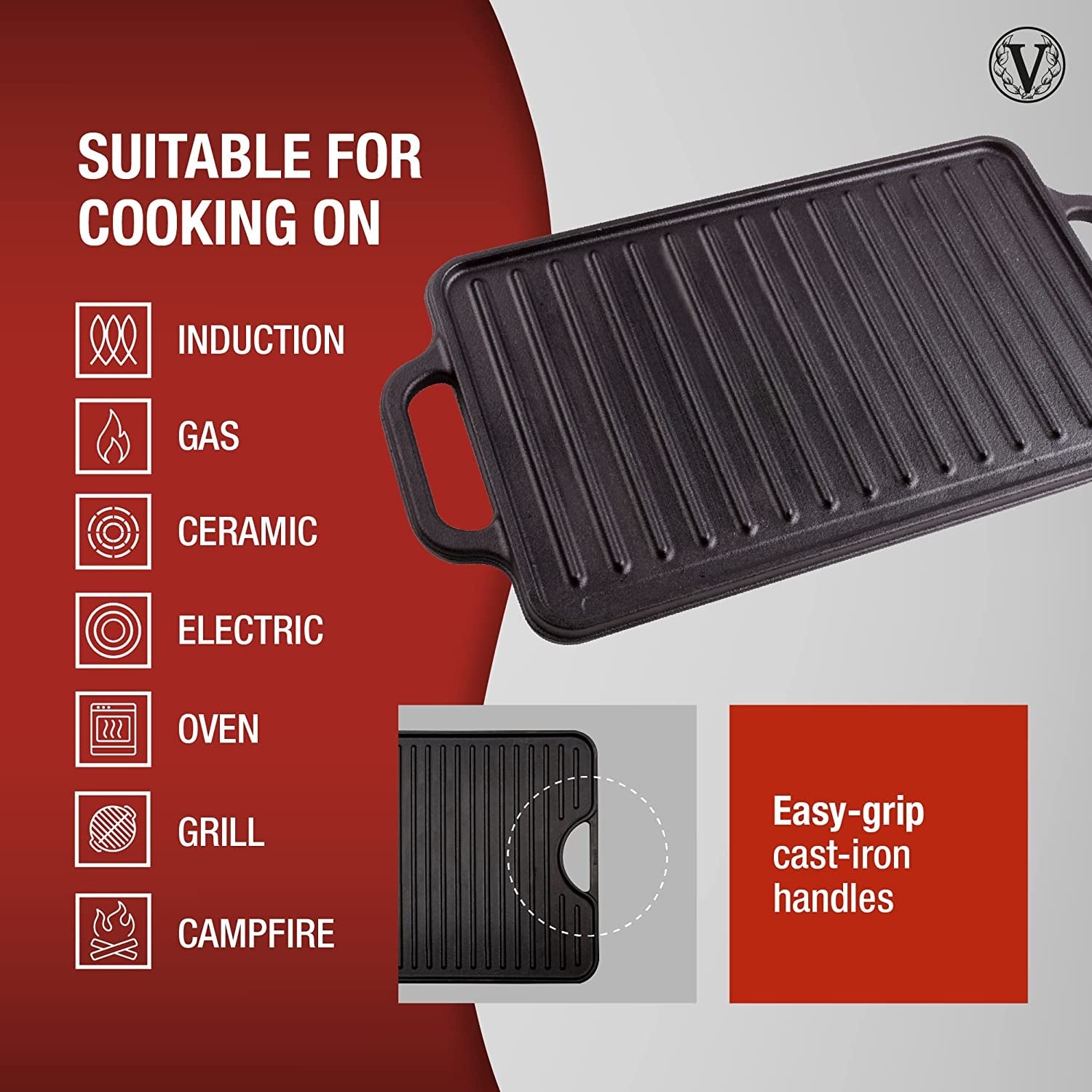 Rectangular Cast Iron Griddle. Double Burner Griddle. Reversible Griddle Grill. 13 X 8.5 Inch. Seasoned with 100% Kosher Certified Non-Gmo Flaxseed Oil. Model: GDL-189 - Image 5