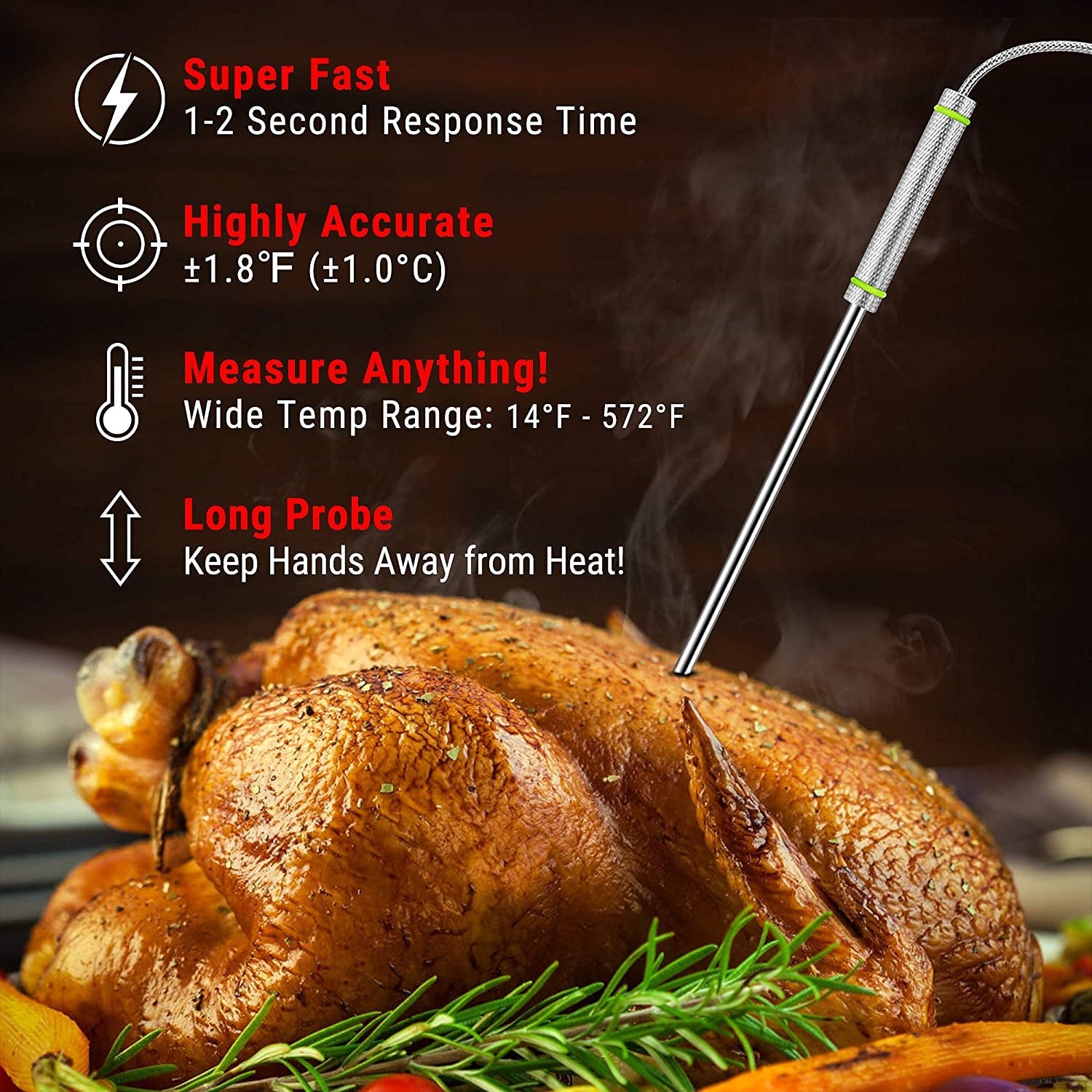 TP17H Digital Meat Thermometer with 4 Temperature Probes. HI/LOW Alarm Smoker Food Thermometer with Colored Backlit LCD. BBQ Thermometer for Cooking Grilling Kitchen Oven Barbecue Turkey - Image 6