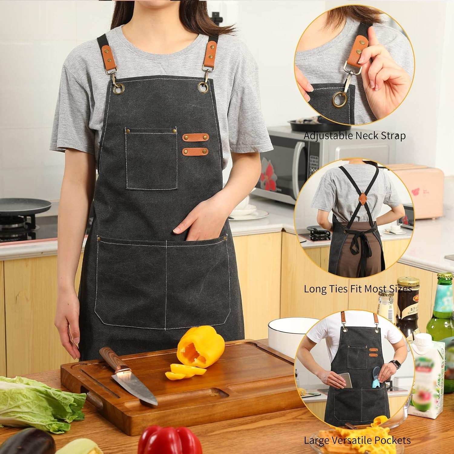 Canvas Cross Back Chef Cotton Aprons for Men Women with Large Pockets - Image 4
