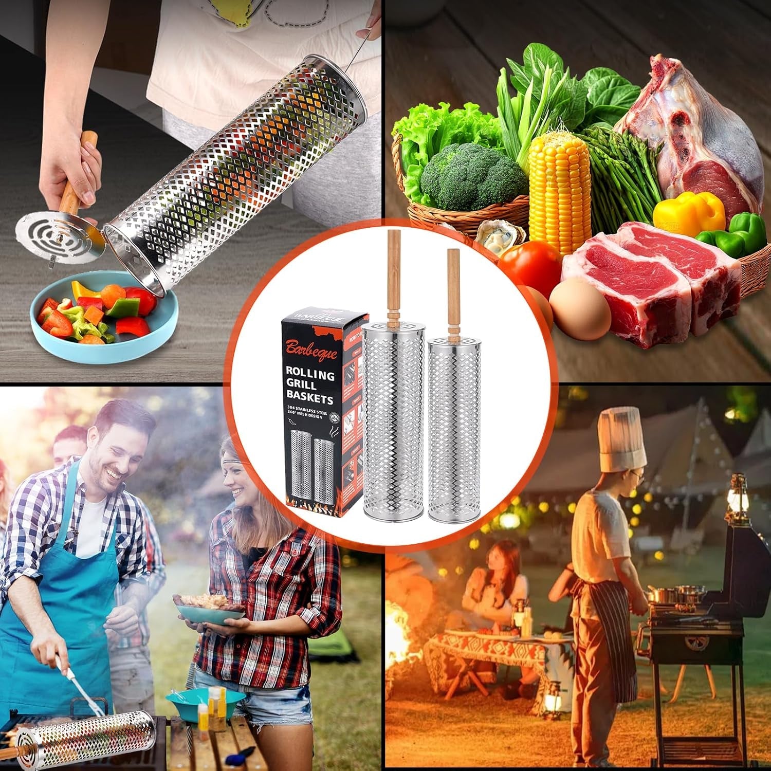 Rolling Grill Baskets(2 PCS).304 Stainless Steel with Removable Wooden Handle. Rolling Grilling Net for Vegetables. Shrimp. Fish. BBQ Accessories for Outdoor Cooking. Camping. Birthday Gifts for Men. Dad. Husband - Image 9