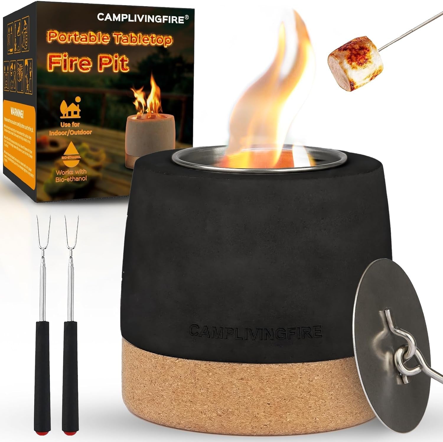 Tabletop Fire Pit. round Concrete Smokeless Smores Fire Pit Table Top as Smores Maker Kit. Dual Burner Cups Rubbing Alcohol Table Top Firepit for Indoor & Patio
