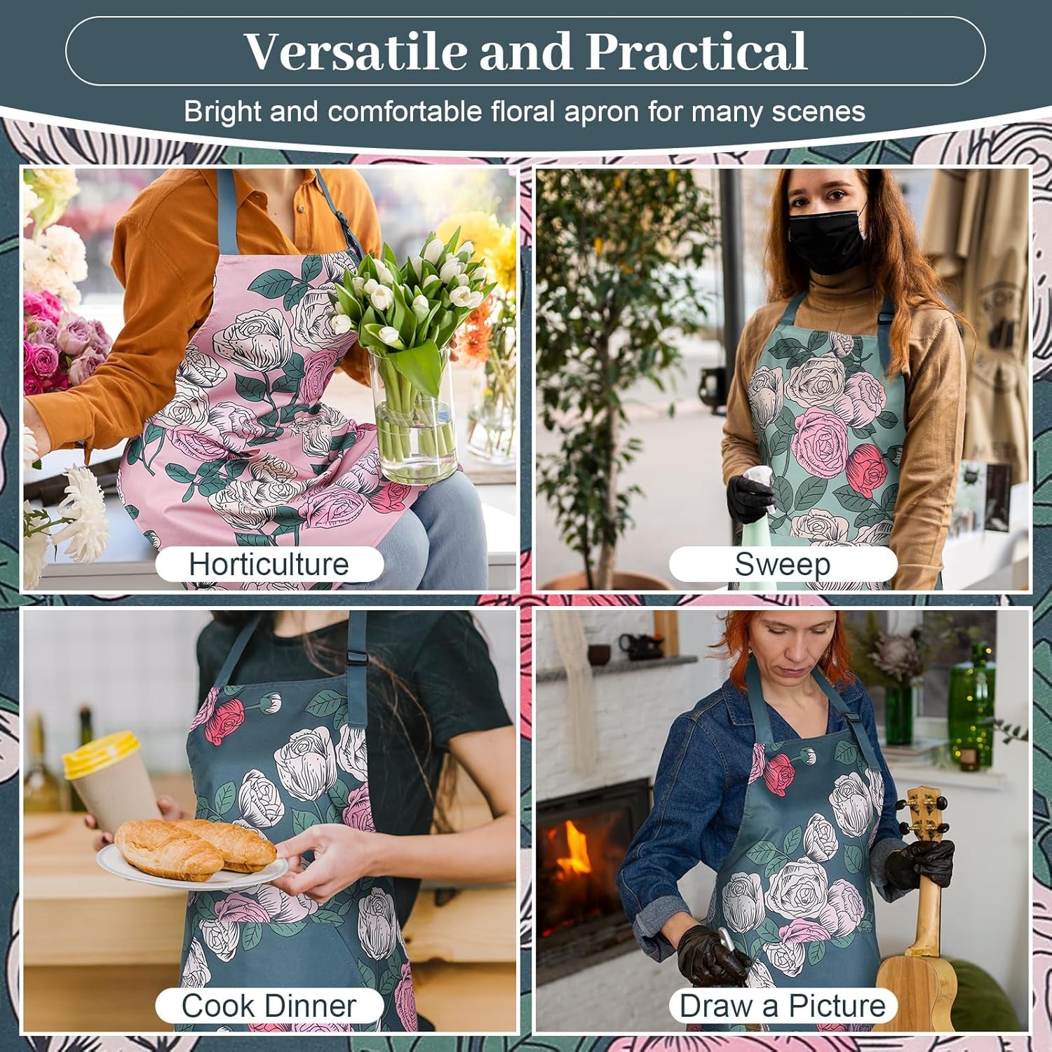 3 Pack Floral Aprons for Women with 2 Pockets. Women Aprons Waterproof Adjustable Cooking Aprons for Kitchen. Gardening. Baking. Salon Apron Gift for Mom Wife Sister Grandma - Image 7