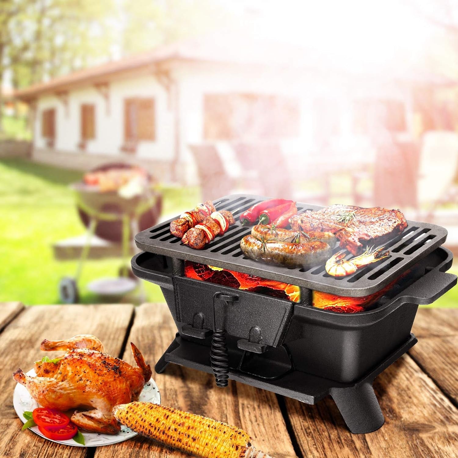 Giantex Portable Hibachi Grill. Double-Sided Cast Iron Grill with Air Regulating Door & Fire Gate. Grate Lifter. Ideal for Outdoor Picnic. Camping & Backyard Barbecue Cooking - Image 6