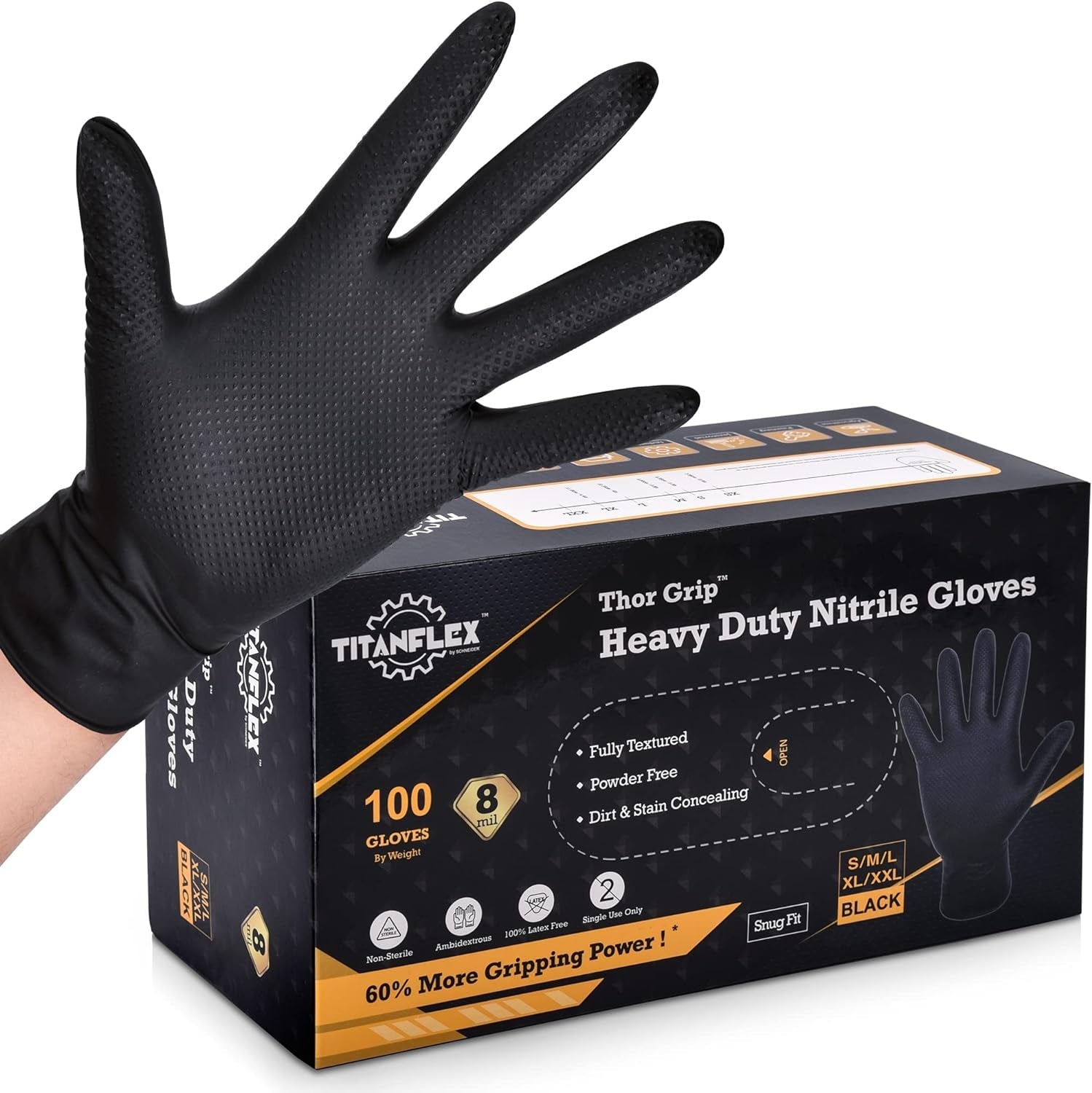 Thor Grip Heavy Duty Black Industrial Nitrile Gloves with Raised Diamond Texture. 8-Mil. Latex Free. 100-Ct Box