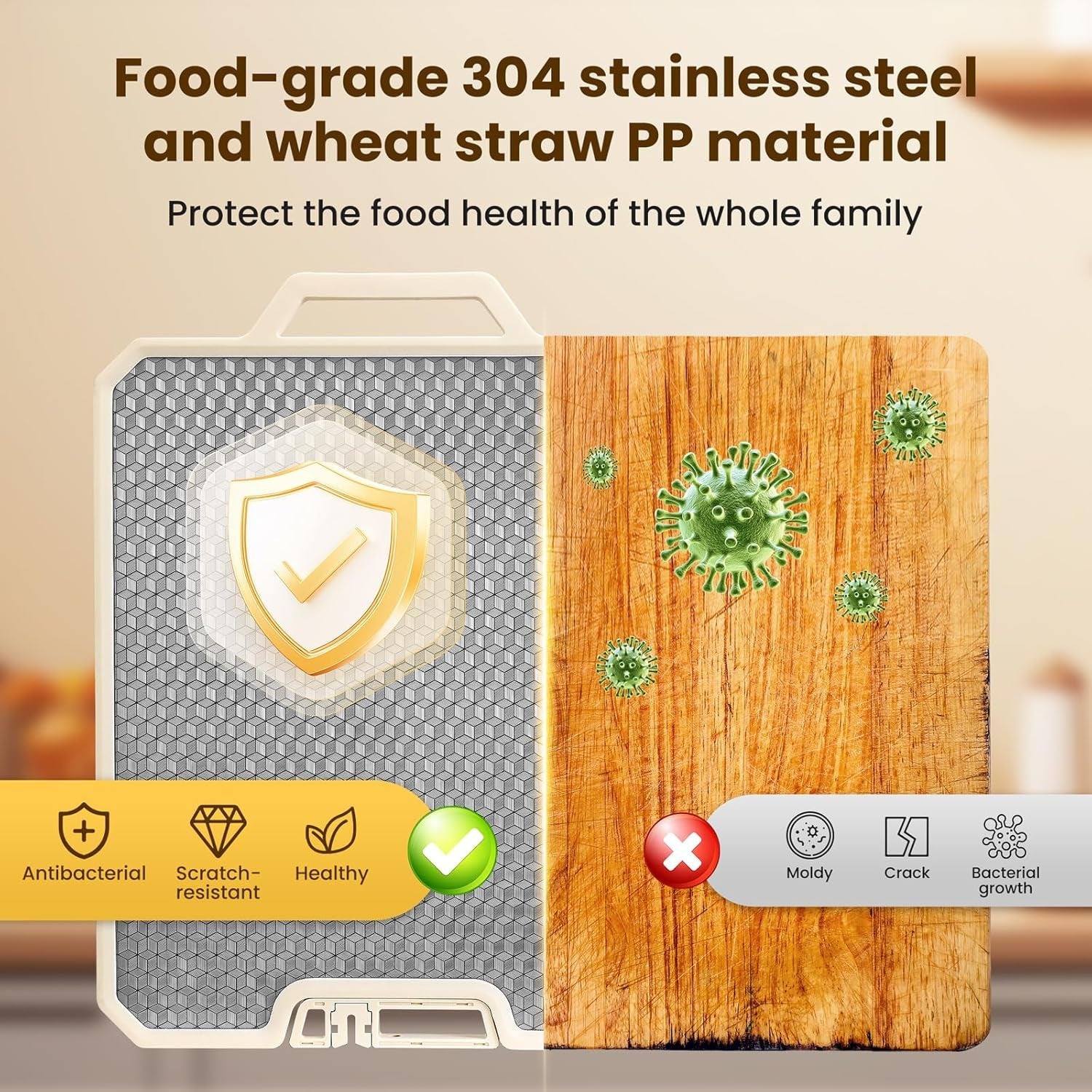 Double Sided Cutting Boards for Kitchen-16X 12 Inch 304 Stainless Steel & Wheat Straw PP Cutting Board for Meat/Vegetable-Non Slip.Dishwasher Safe and Scratch Resistant Chopping Board Beige - Image 2