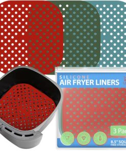 Reusable Square Silicone Air Fryer Liners (8.5 Inch. 3 Pack) by Linda'S Essentials - Non-Stick. Easy-Clean Accessories with Cheat Sheet & Recipe Book. Perfect for Quick Meals