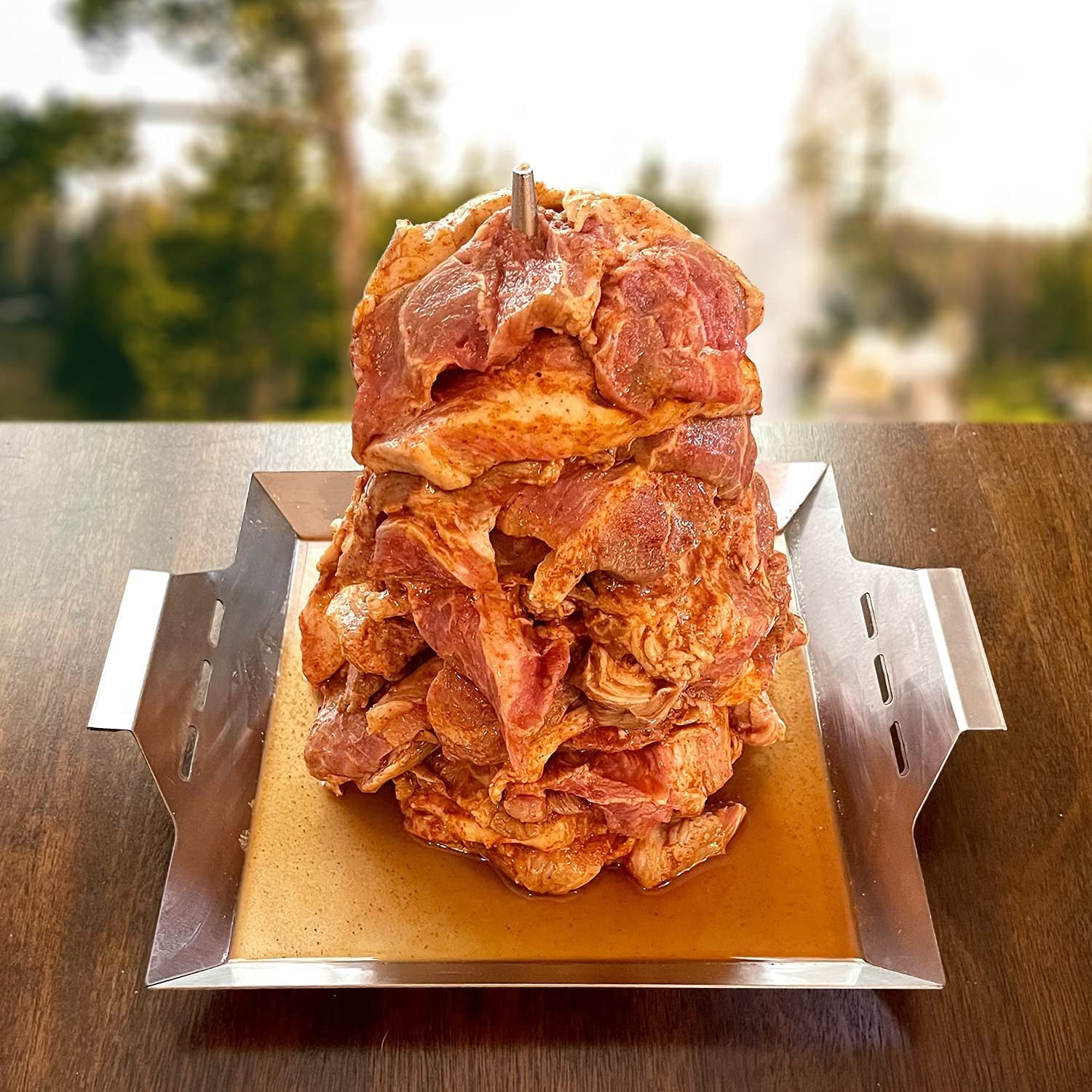 GRILLVANA Stainless Steel Vertical Skewer for Tacos Al Pastor. Shawarma. Kebabs- BBQ Grilling Accessory W/ 2 Removable Spikes (8.5 and 12)- Use on Charcoal Grills or Stove- Handles. No Drip Plate - Image 6