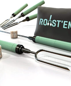 Jolly Green Products Rotating Marshmallow Roasting Sticks | Set of 5 Telescoping Forks - Free Bag | Safe. Fun Smores & Hot Dog Stainless Steel Long Camping Skewers | Campfire BBQ Cookware Accessories