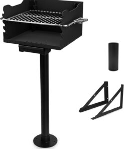 Park-Style Charcoal Grill. Heavy Duty Steel Outdoor BBQ Park Grill with Stainless Steel Cooking Grate and Post for Backyard or Camping. Black