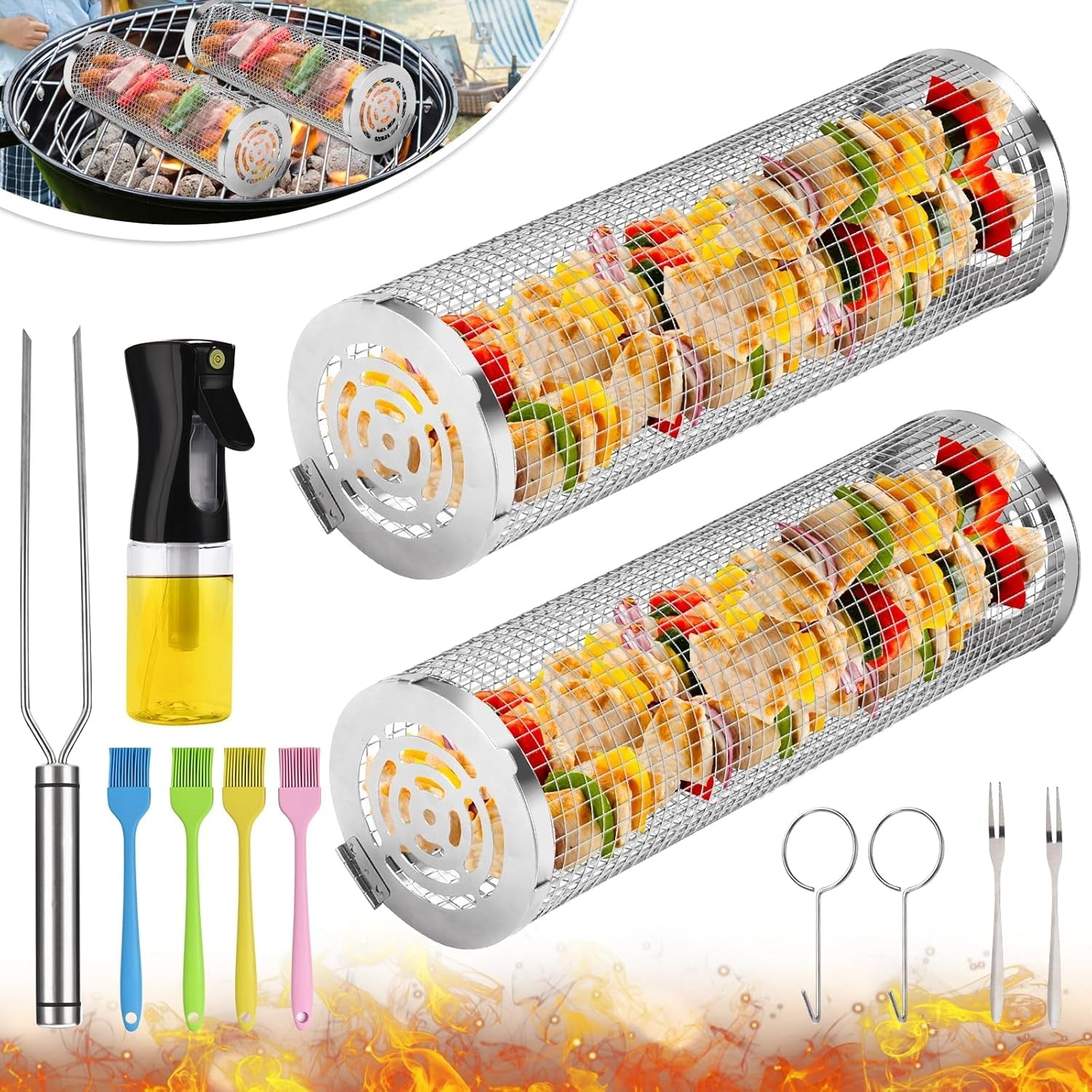 BBQ Basket 2 PCS. Stainless Steel Rolling Grill Mesh for Fish. Shrimp. Meat. Vegetables. Fries - Portable Barbeque Accessories for Outdoor Grilling - Image 8