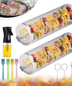 BBQ Basket 2 PCS. Stainless Steel Rolling Grill Mesh for Fish. Shrimp. Meat. Vegetables. Fries - Portable Barbeque Accessories for Outdoor Grilling