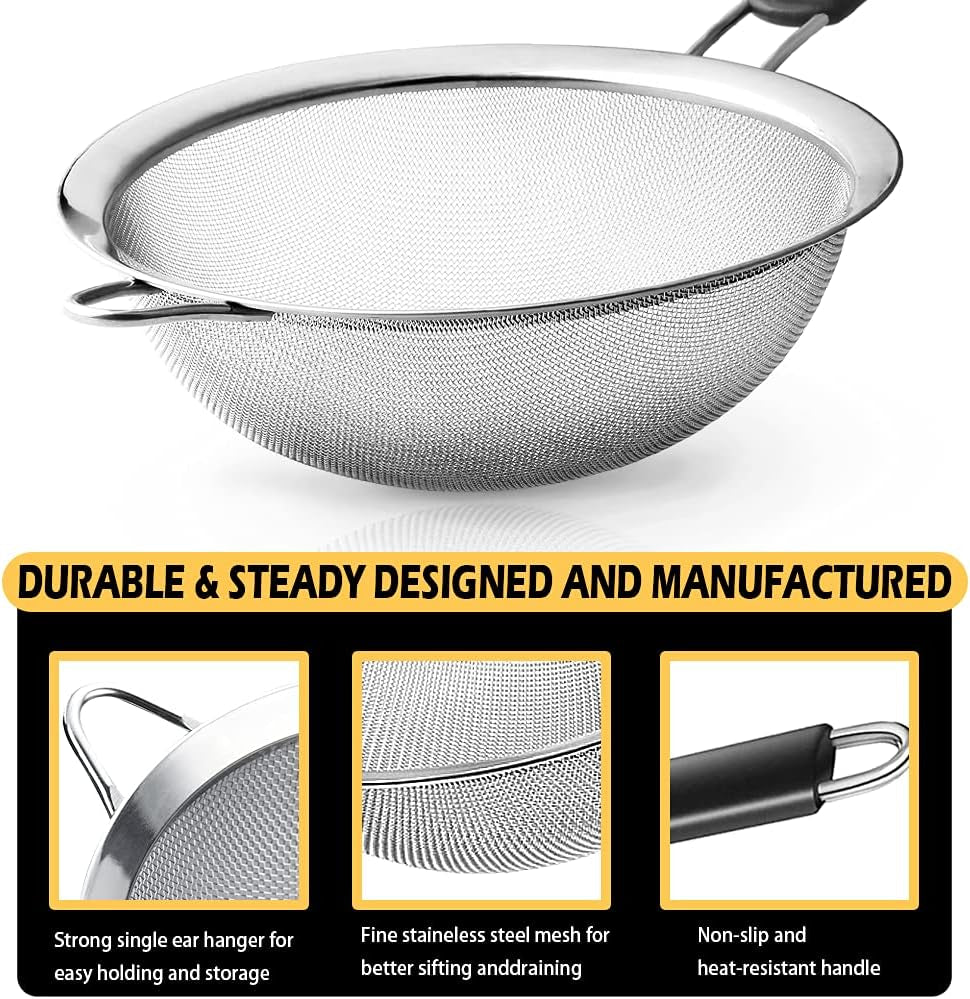 Stainless Steel Fine Mesh Strainers (Set of 3) – Wire Sieves with Insulated Handles for Flour. Rice. Pasta & Baking - Image 3