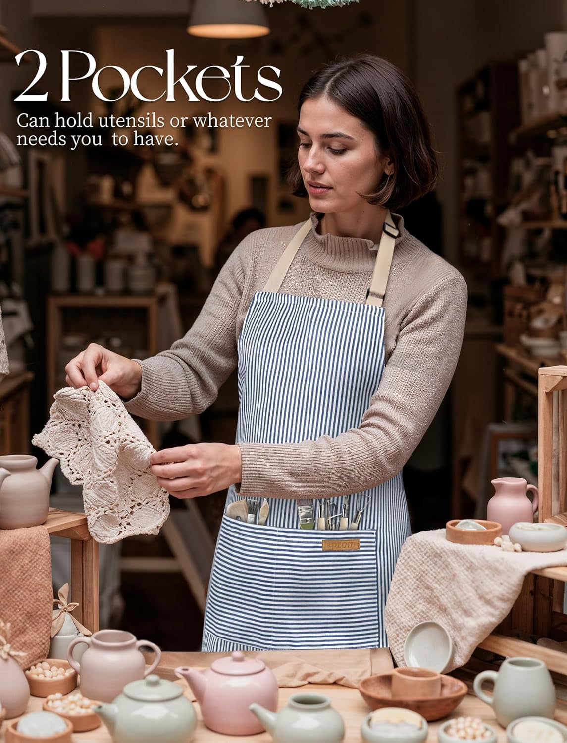 2 Pack Kitchen Cooking Aprons. Soft Aprons for Women Men with 2 Pockets Chef Apron with Adjustable Neck Strap and Long Tie - Image 4