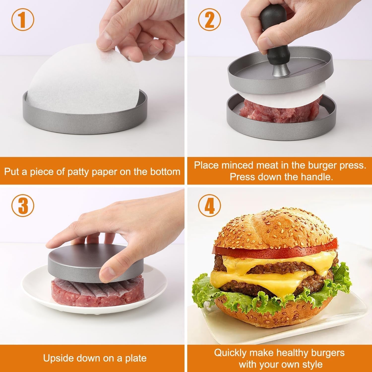 TACGEA Burger Press with 150 Patty Papers. Non-Stick Hamburger Patty Maker with Wax Paper. Aluminum Burger Maker for Kitchen BBQ Grill - Image 3