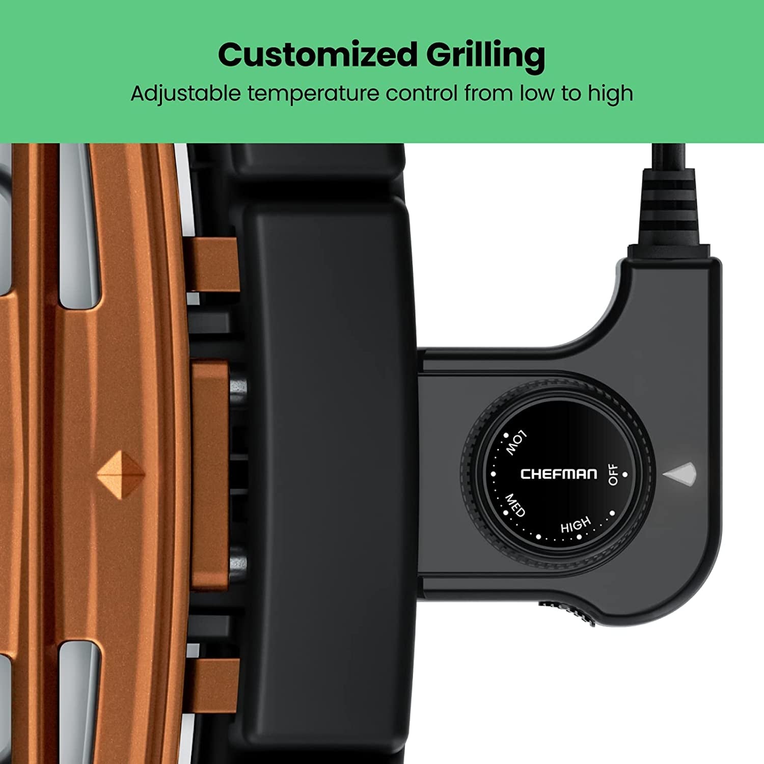 Chefman Smokeless Indoor Electric Grill. Copper. Extra Large. Nonstick Table Top Grill for Indoor Grilling and BBQ with Adjustable Temperature Control. Nonstick Dishwasher-Safe Parts. 9 X 15 - Image 5
