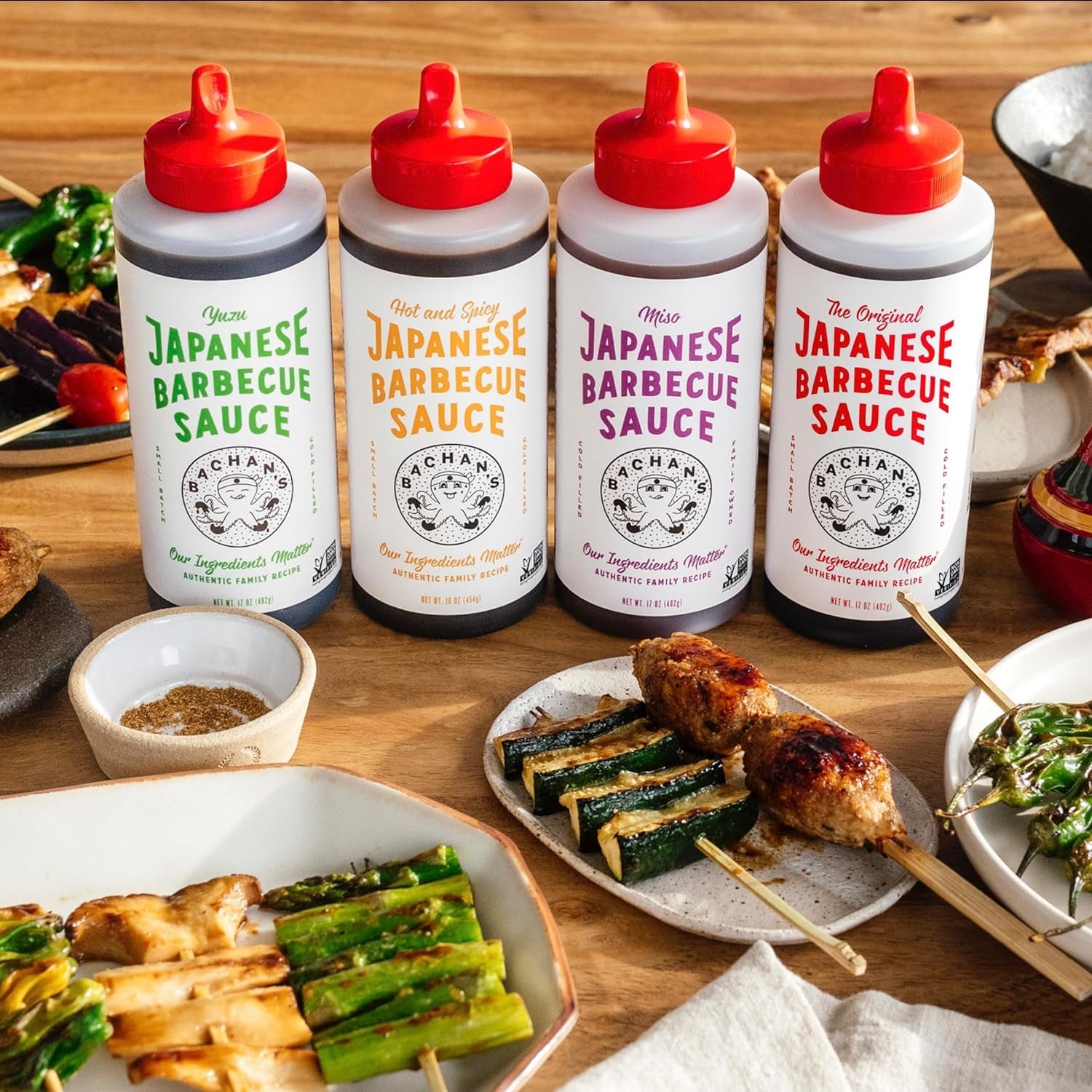 Bachan'S Variety Pack Japanese Barbecue Sauce. (1) Original. (1) Hot and Spicy. (1) Yuzu. (1) Miso. BBQ Sauce for Wings. Chicken. Beef. Pork. Seafood. Noodles. and More. Non GMO. No Preservatives. Vegan. BPA Free. - Image 2