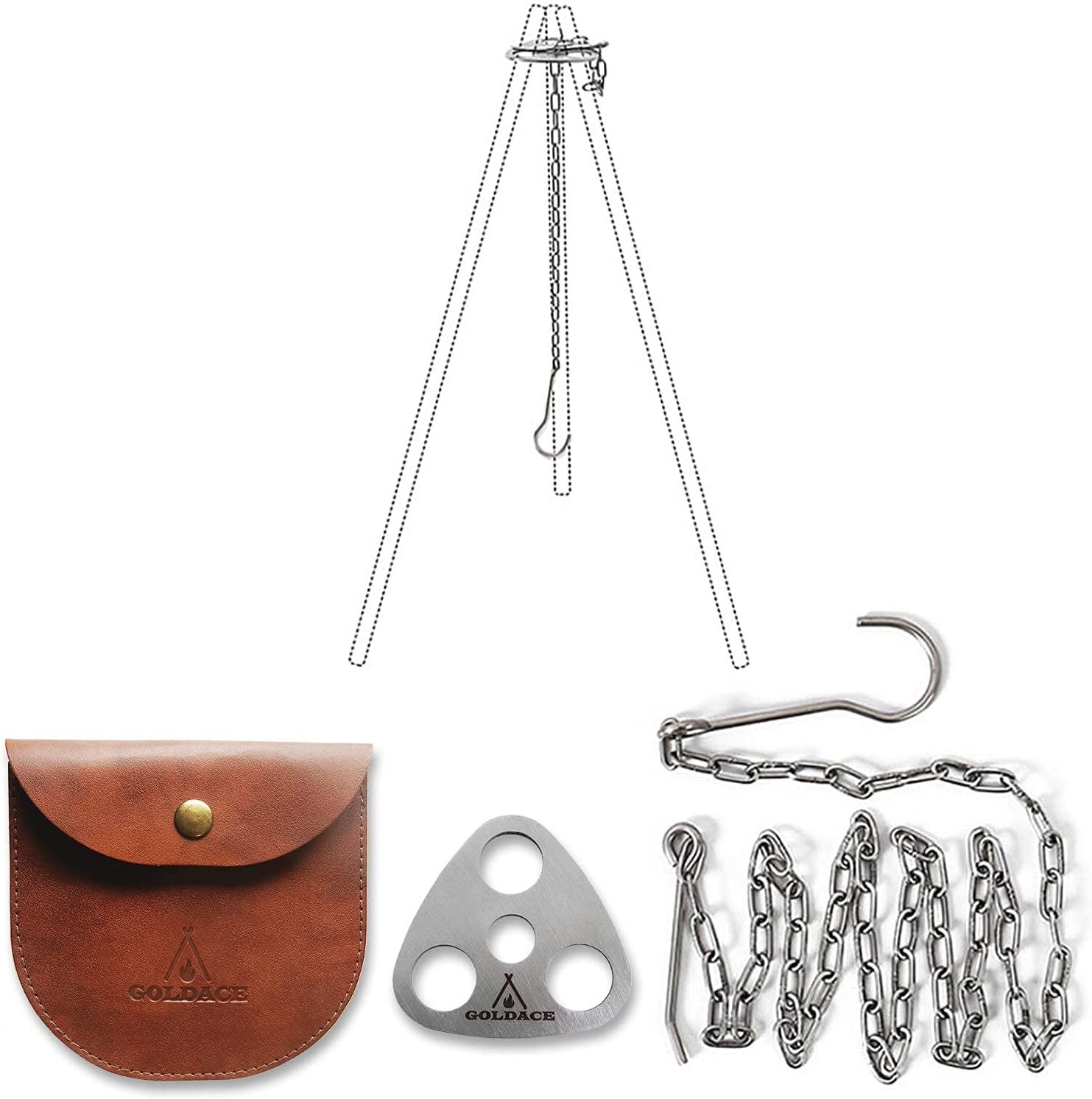 GOLDACE Stainless Steel Camping Gear and Equipment - Campfire Cooking Accessories Set - Radiate Portable round Cookware - Dutch Oven Camping Cookware - Outdoor Camp Tripod Cooking. Silver