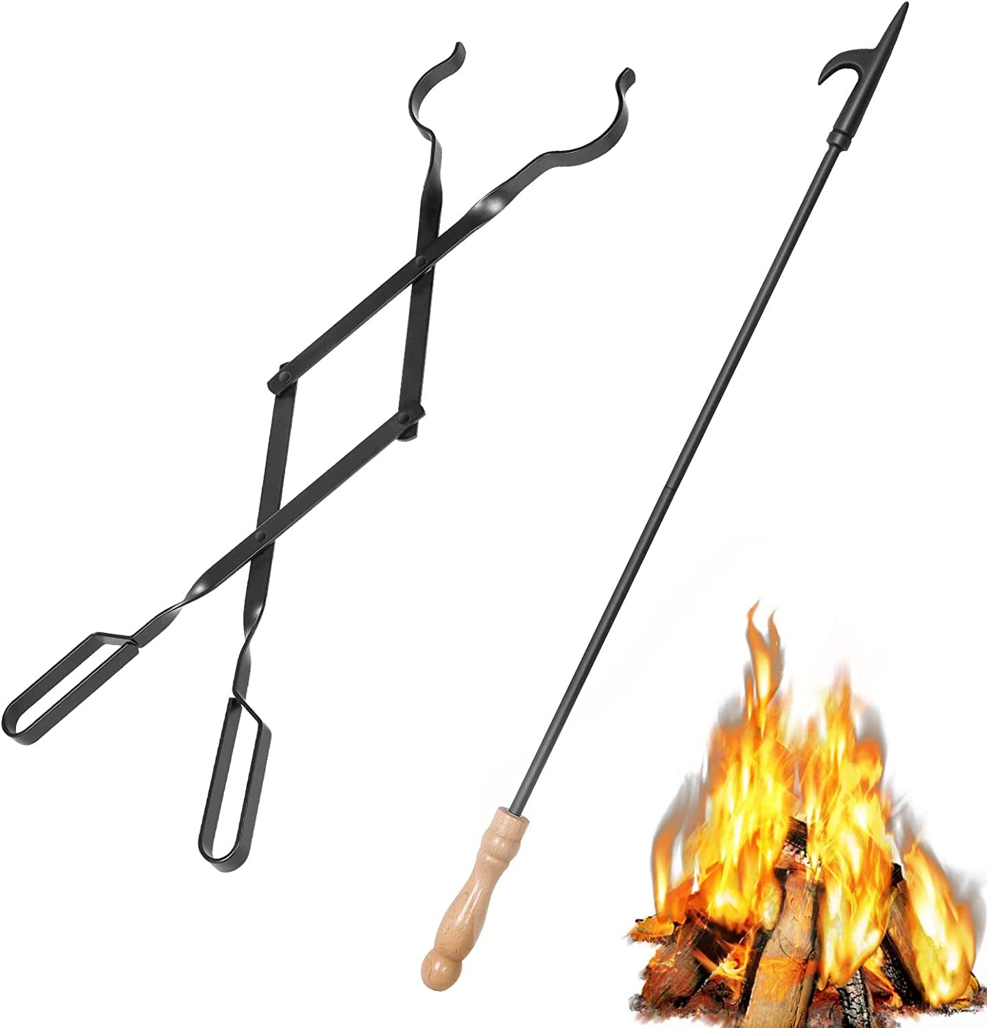 26 Fireplace Fire Pit Tongs & 32 Fire Pit Poker. Fireplace Wood Stove Firewood Tongs. Black Heavy Duty Wrought Iron Log Grabber Fire Pit Tools for Campfire. Fireplace. Bonfires. Indoor&Outdoor Use