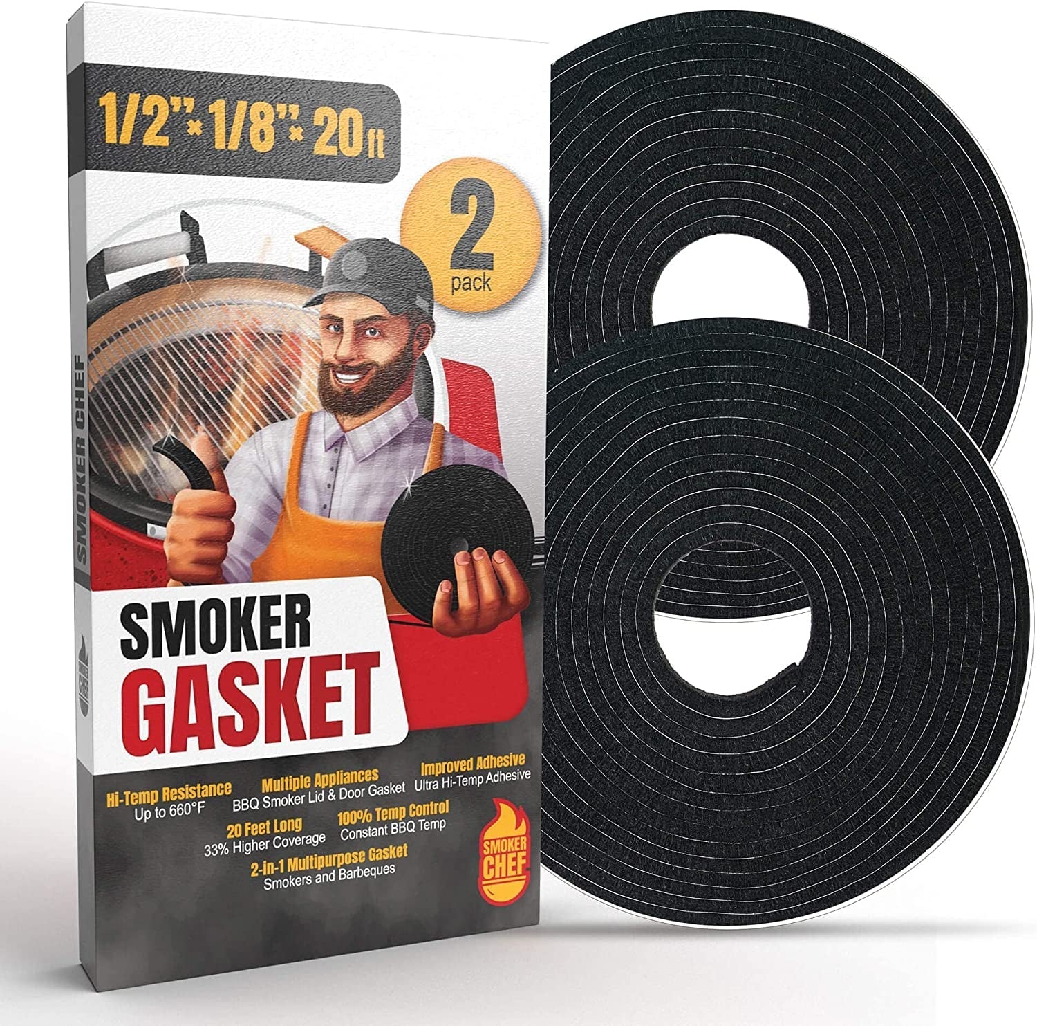 Smoker Chef XXL 20 FT Grill Gasket for Smokers - Black 1/2'' X 1/8'' Hi Temp Seal Smoker Gasket – 2-Pack X 10 FT Self Stick Black Nomex Fire Tape for BBQ Lid – High Heat Temperature Material Replace - Image 7