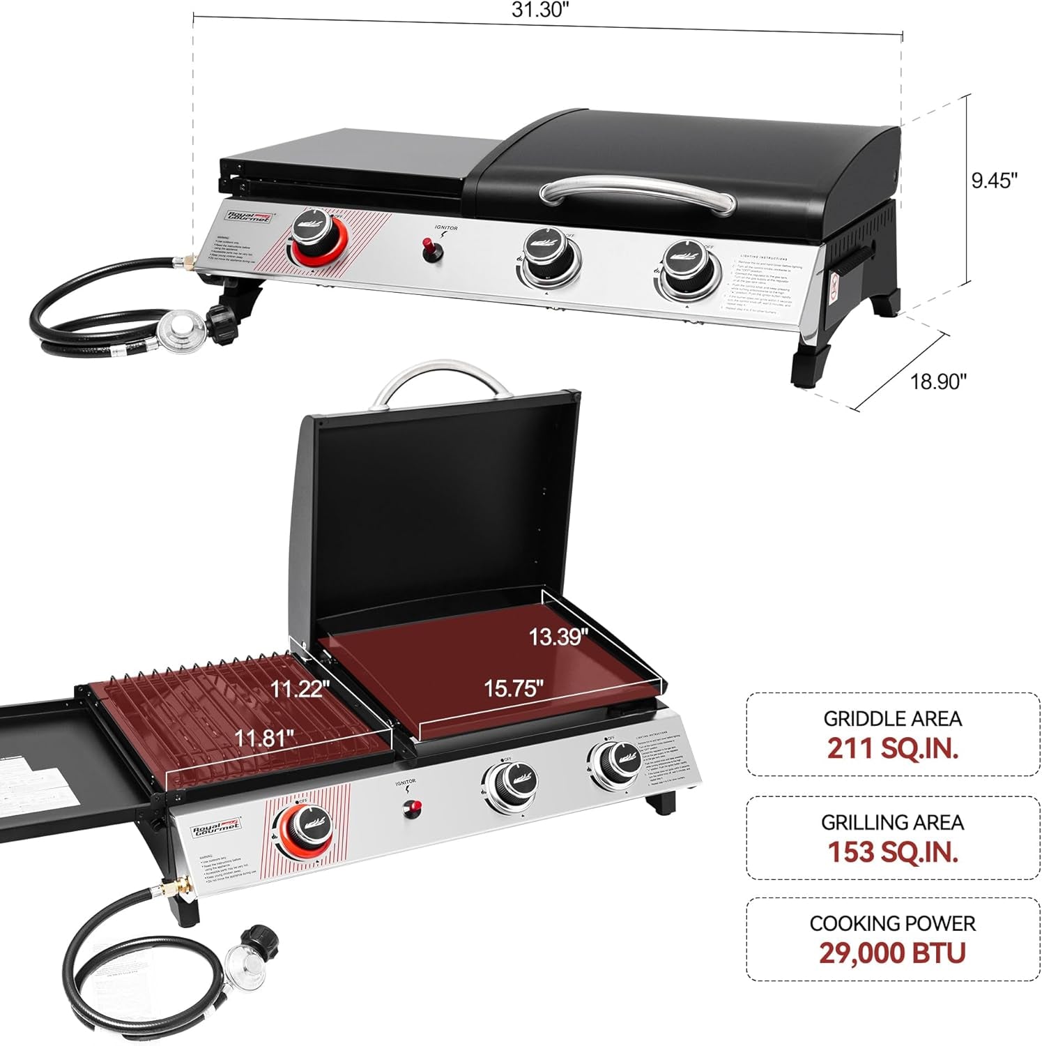 Royal Gourmet PD1305H 3-Burner Propane Gas Grill and Griddle Combo with Lid. 3-In-1 Grill Griddle Combo with 29.000 Btus Output for Outdoor Cooking. 364 Sq. In. Cooking Area. Silver & Black - Image 3