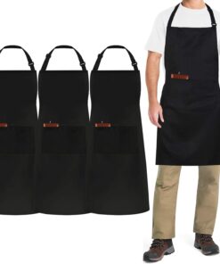 Black White Apron. Adjustable Chef Apron with 3 Pocket for Men Women Kitchen Cooking Dishwashing Cleaning (Polycotton)