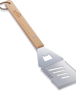 Qinshaine 4-In-1 BBQ Spatula. Multifunction Grill Spatula with Wooden Handle. Perfect for BBQ Grills and Kebabs for Camping Picnics