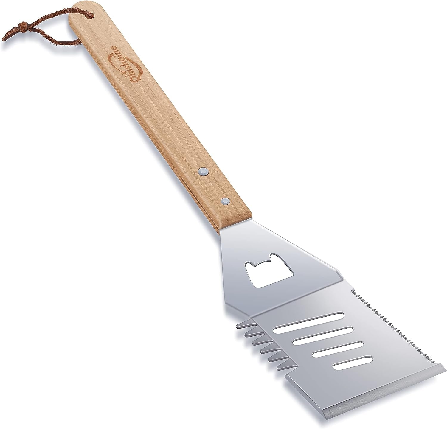 Qinshaine 4-In-1 BBQ Spatula. Multifunction Grill Spatula with Wooden Handle. Perfect for BBQ Grills and Kebabs for Camping Picnics
