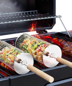 Rolling Grill Basket(2Pcs). Removable Wooden Handle. 304 Stainless Steel. Nesting Grilling Net. BBQ Accessories Tool for Vegetable Shrimp. Outdoor Cooking Camping. Birthday Gifts for Men Dad Husband