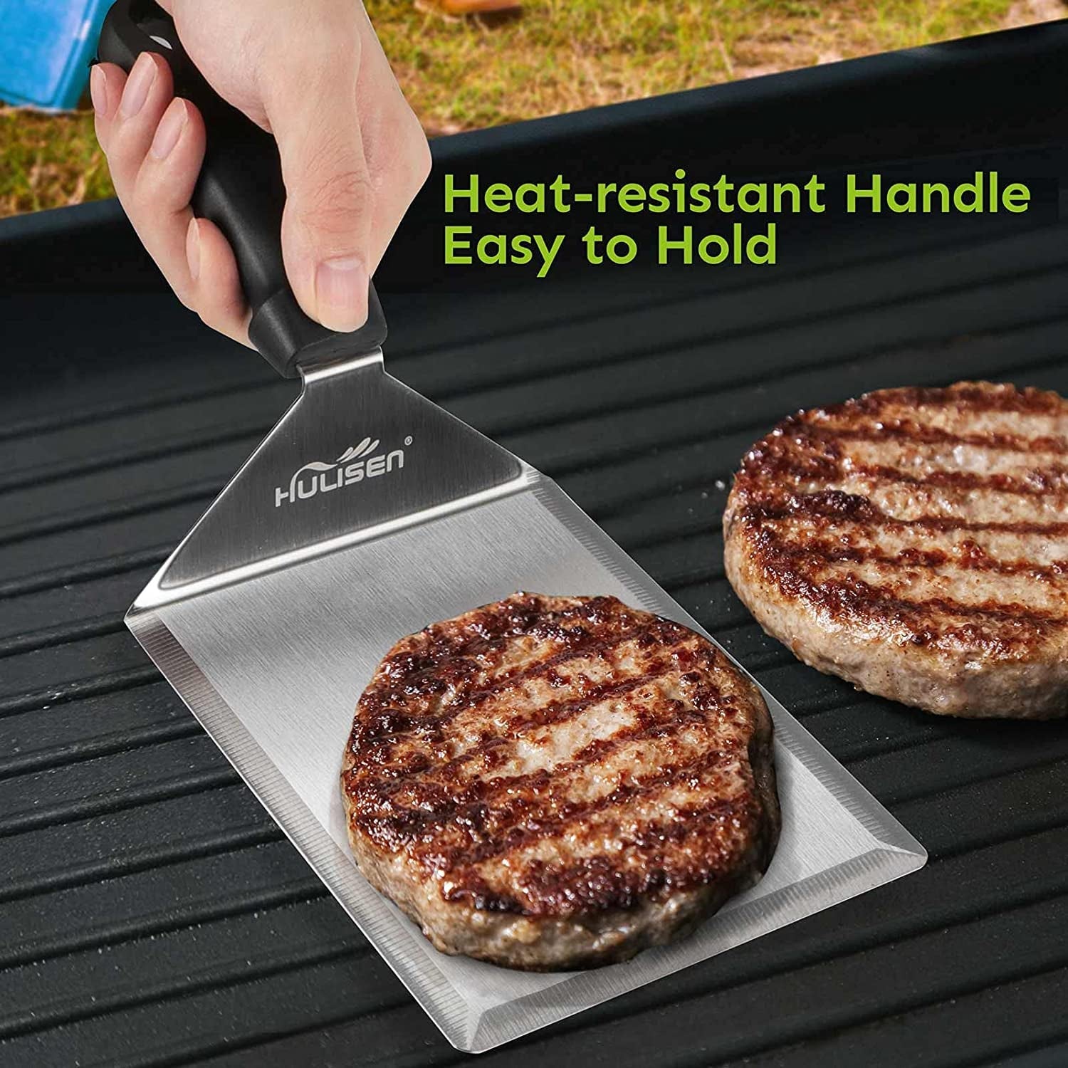 HULISEN Stainless Steel Large Grill Spatula - 6 X 5 Inch Heavy-Duty Metal Spatula with Cutting Edges. Kitchen Griddle Accessories. Smashed Burger Turner Scraper for BBQ Grill and Flat Top Griddle - Image 6