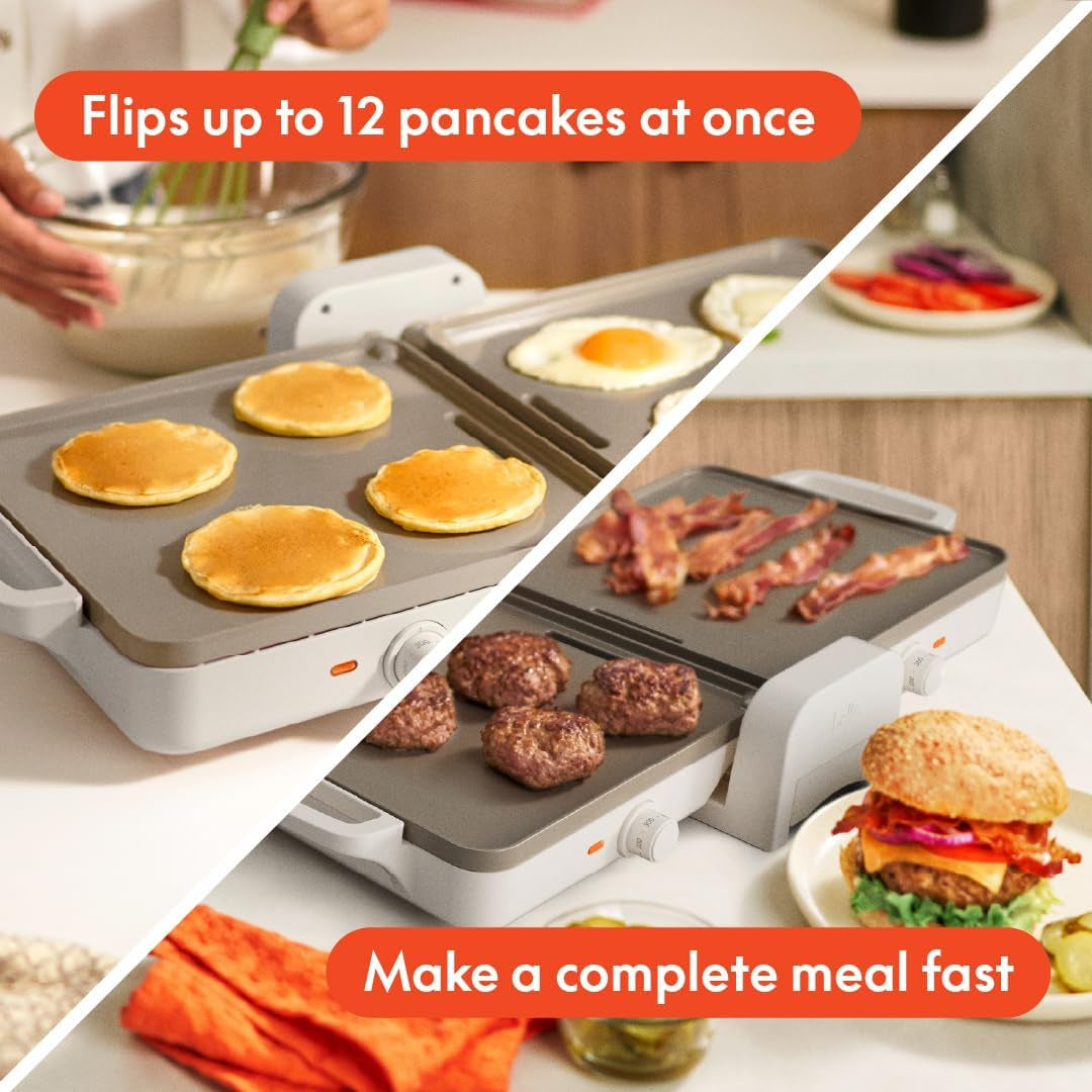 Bella 10X 20 Ceramic Fold-N-Store Dual Temp Griddle. Fits-Anywhere Kitchenware. Evergood Ceramic Nonstick Coating. 2 Temperature Zones up to 400°F. Dishwasher Safe Drip Tray. 1500 Watt. Oatmilk - Image 4